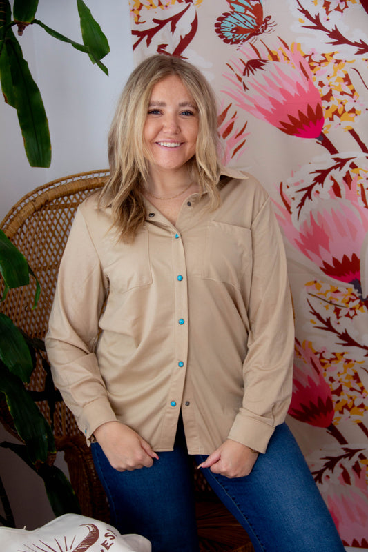 The Tan and Turq Blouse